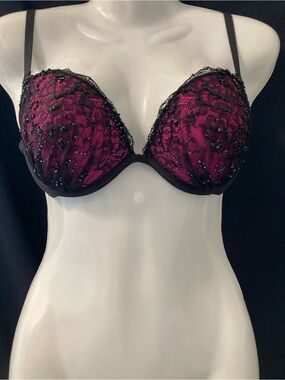 La Senza 34C Black Pink Lace Sequin Push Up Bra